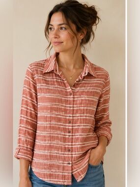 Green Envelope LA Coral Stripe Gauze Button Front Blouse Large